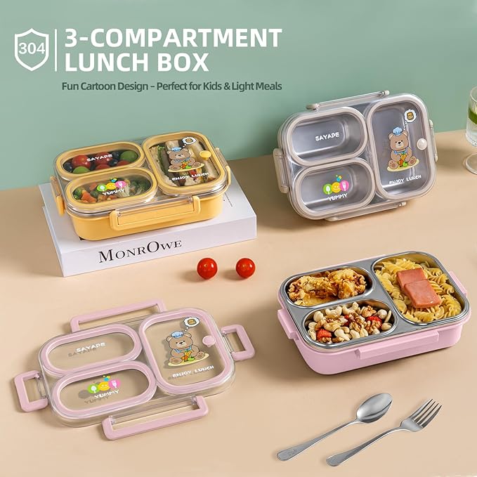 SAYAPE Stainless Steel Bento Lunch Box for Kids, 26.4 oz Leak-Proof 3-Compartment Metal Bento Box, BPA-Free, Cute Cartoon Meal Prep Snack Container with Utensils for School, Office, Travel - Pink