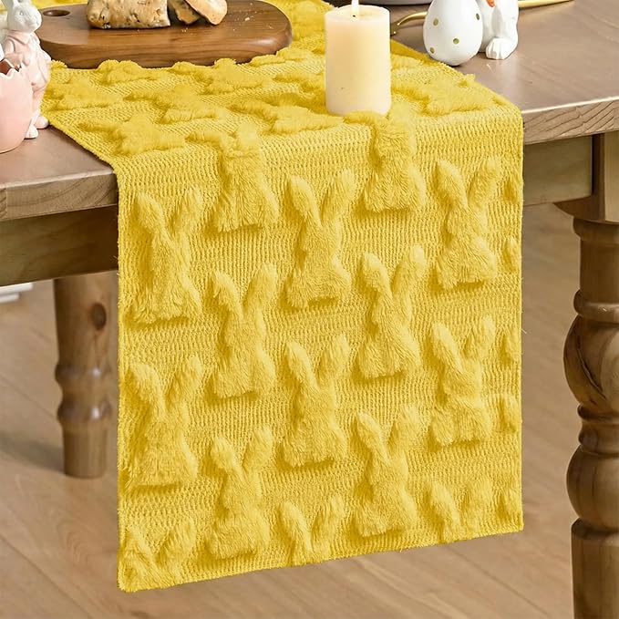 Artoid Mode Pale Yellow Soft Plush Faux Fur Jacquard Bunny Rabbit Easter Table Runner, Seasonal Kitchen Dining Table Decoration for Home Party Decor 13x72 Inch