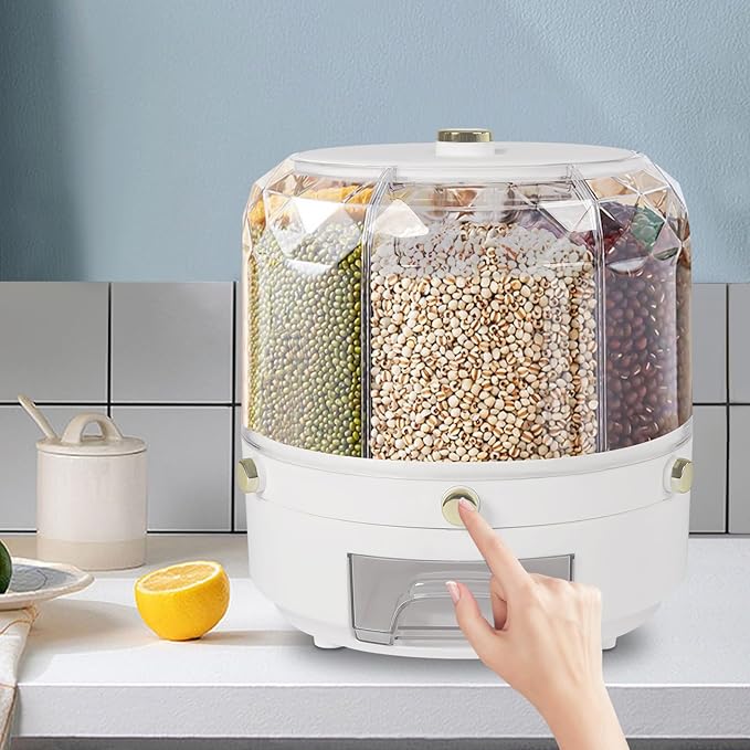 360° Rotating Grain Dispenser With 6 Grids, 13.2lbs Large Capacity Grain Dispenser Rotating Kitchen Storage Containers With Sealed Lid For Peanut Barley Millet And Cereal (White,Gold, 13.2 lbs)
