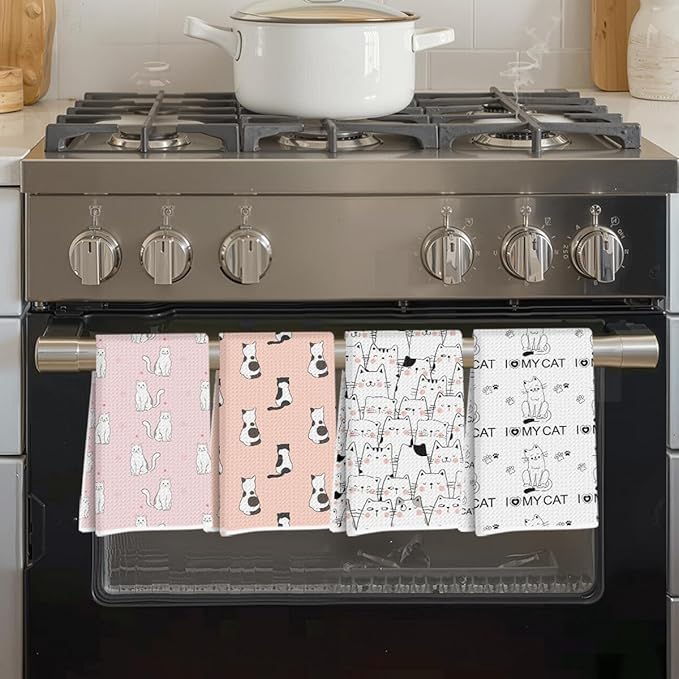 4 Pcs Adorable Cat Kitchen Towels, Decorative Absorbent Microfiber Dish Cloth Tea Towel, Waffle Soft Hand Towels for Farmhouse Home Bathroom, Cat Lover Gifts 2