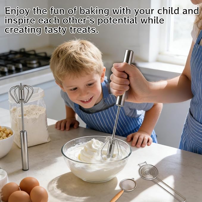 Kuars Gvni Stainless Steel Egg Whisk, Press-Type Rotating Whisk, Egg White Separator, Semi-Automatic Egg Beater, Fine Mesh Strainer, Egg Separator, 3-in-1 Kitchen Set for Baking and Cooking