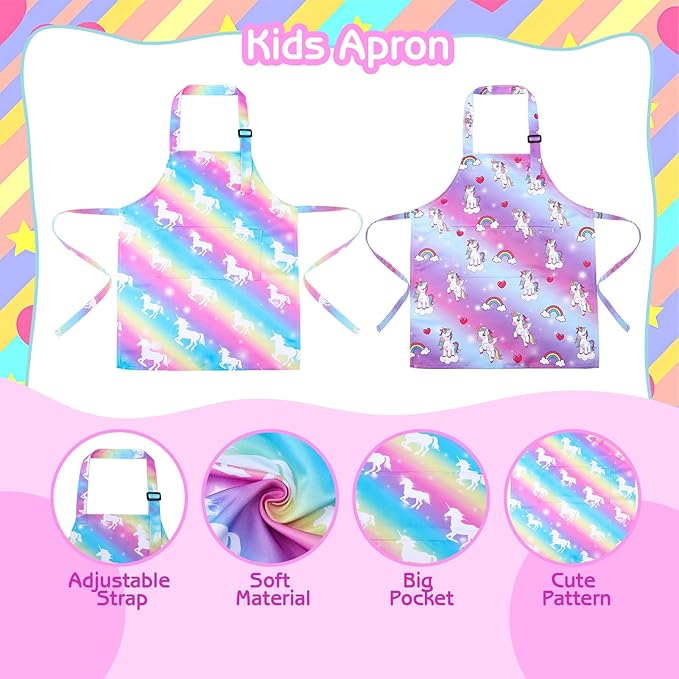 2 Pack Kids Apron and Chef Hat Adjustable Kitchen Cooking Aprons with Pockets for Girls Boys Baking Painting