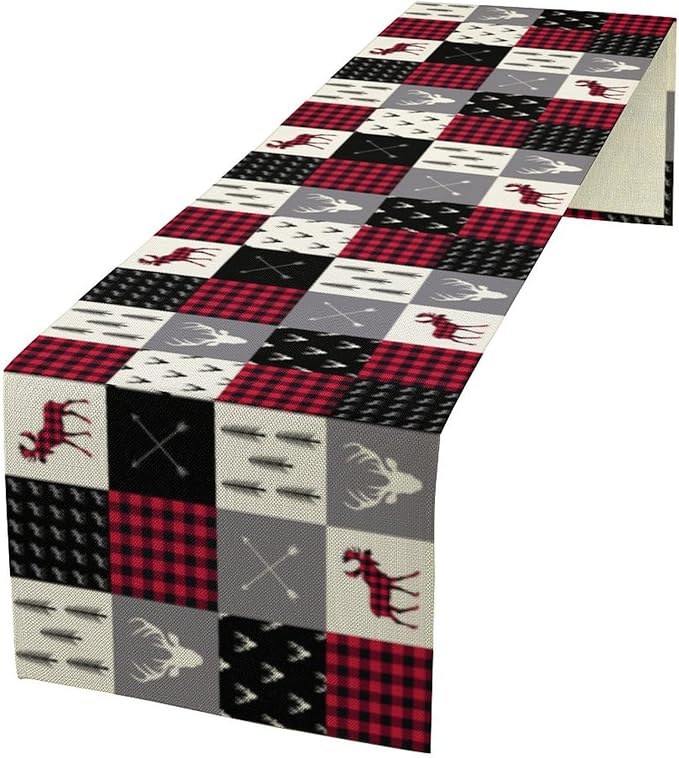 Bear Deer Table Runner, Vintage Rustic Farmhouse Cabin Animal Buffalo Plaid Art Printed Runner for Home Kitchen Dining Table Living Room Decor Fabric 1 Panel W13xL60in