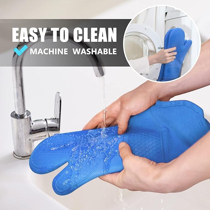 Rorecay 6pcs Oven Mitts and Pot Holders Sets for Kitchen, Extra Long Non-Slip Silicone Oven Gloves Heat Resistant 500 Degrees Potholders Hot Pads for Baking Cooking, Quilted Liner, Lake Blue