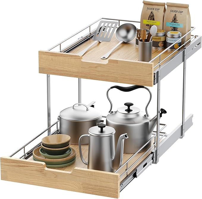 Sikarou Pull Out Cabinet Organizer,Heavy-Duty Slide Out Shelf, Wood and Wire Basket, Pull Out Drawer for for Kitchen Under Sink Space, Pantry, Bathroom, 2 Tie 23 * 21 in