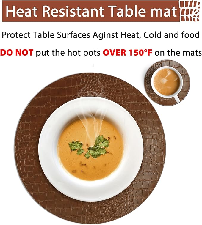 Round Leather Placemats for Round Tables Set of 4, Brown Table Place Mats and Coasters, Washable Easy to Care for Indoor Decor 13" Diameter
