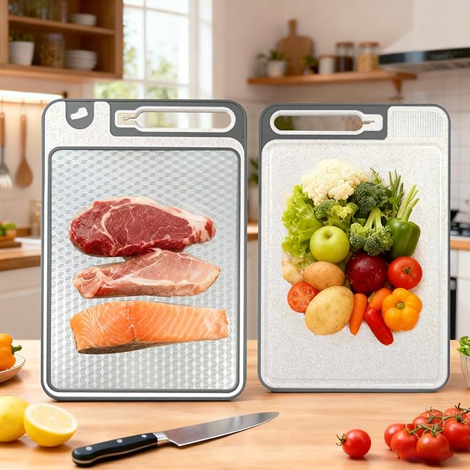 Stainless Steel Cutting Board, 14"x10" Cutting Boards for Kitchen, Dishwasher Safe, Scratch-Resistant with Juice Groove, Separate Sides for Meat and Vegetables ((Diamond Texture)