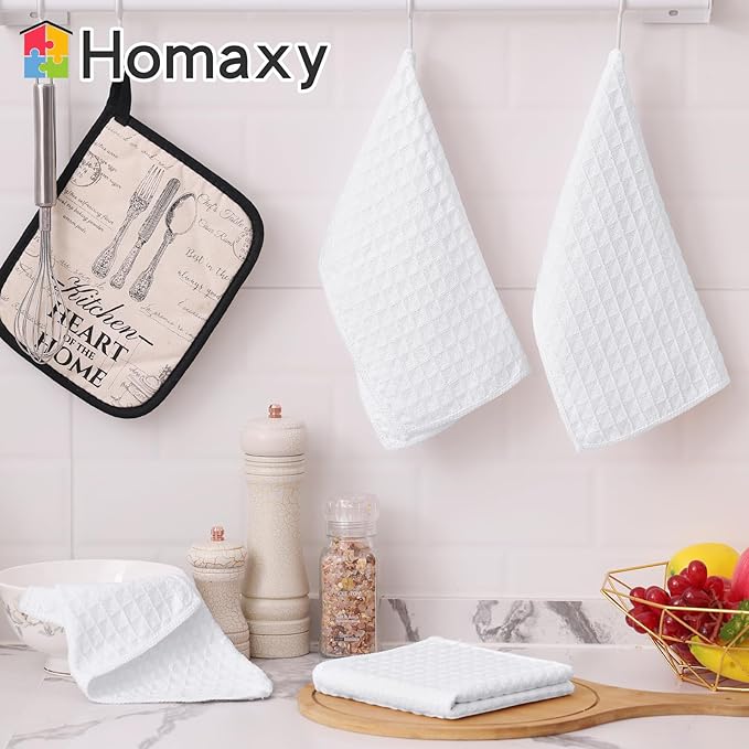 Homaxy Microfiber Waffle Weave Kitchen Towels Set, 16 x 28 Inch and 12 x 12 Inch Ultra Absorbent and Solid Color Dish Towels, 8 Pack, White