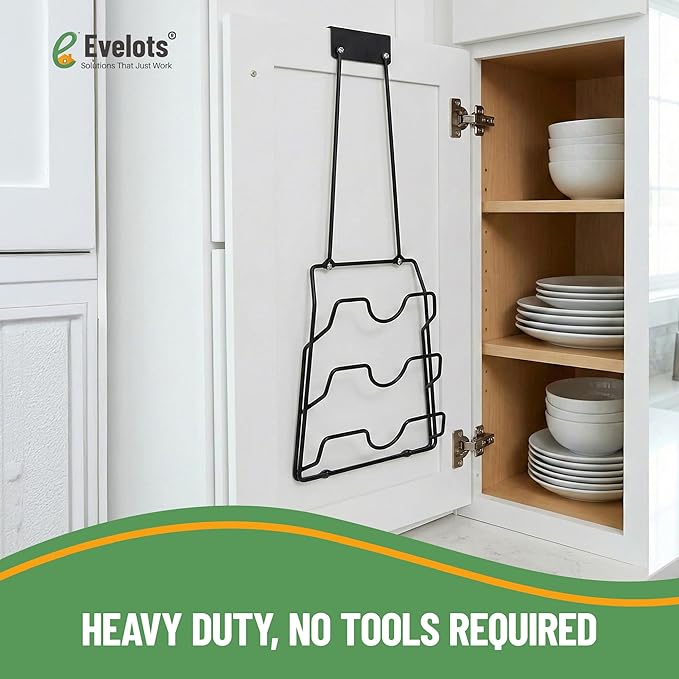 Evelots 2-in-1 Pot Lid Organizer with Towel Holder - 2 Pack, 3-Tier Cabinet Door Rack - Space-Saving Kitchen Organizer for Glass or Metal Pan Lids & Towels - Over the Door Design - Black