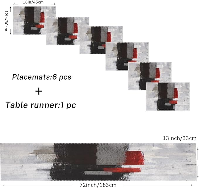 Emvency Abstract Table Runner and Placemats Set of 6, Modern Red Black Grey White Painting Art Dining Decor for Daily Use(1 Table Runner 72 inches Long and 6 Placemats)