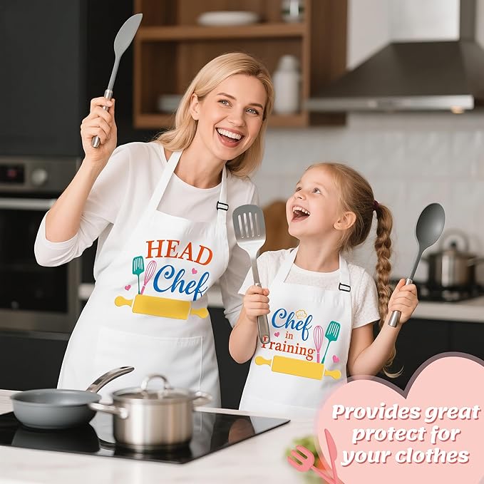 R HORSE 2Pcs Adults Kids Matching Apron Set - Parent and Child Adjustable Kitchen Apron with 2 Pockets - Mommy and Me Matching Gift for Women Kid Cooking Baking Painting Training Gardening