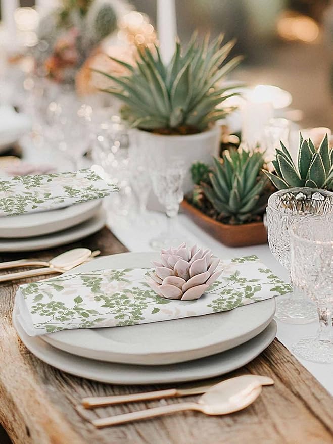 Sage Green Leaves Cloth Napkins Set of 6 - Washable Dinner Napkins Reusable Table Napkins for Home Party Weeding Dining Table Setting Decoration,Oversized 20"x20" Wildflower Herbs Floral Spring Summer