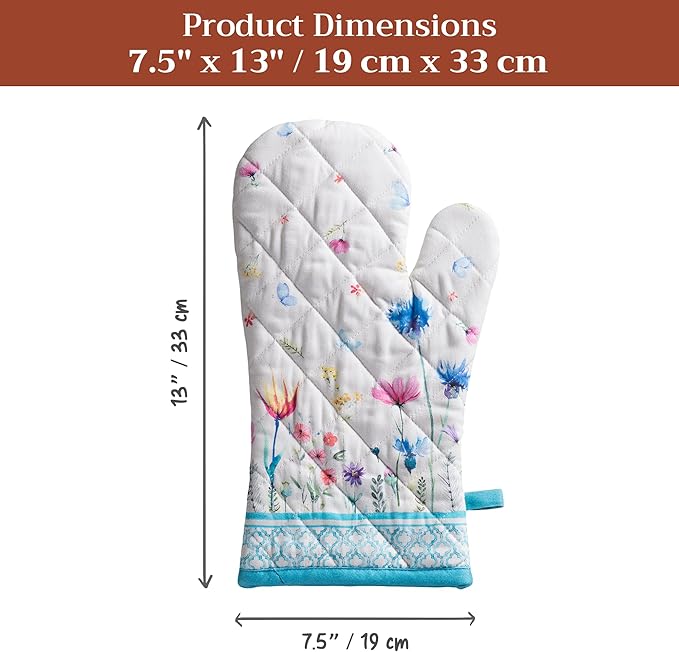 Maison d'Hermine Oven Gloves 100% Cotton Oven Mitt 7" x 13" with Loop Heat Resistant BBQ Cooking Gloves Baking Grilling Gifts for Mothers Day Spring/Summer (Pack of 1, Flower in The Field)