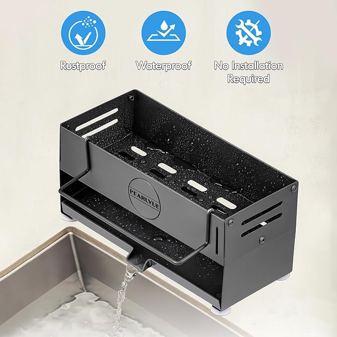Sink Caddy Organizer - Rustproof 304 Stainless Steel Kitchen Countertop Organizers and Storage Essentials - Multi-Purpose Pull-Out Storage Organizers for Bathroom & Kitchen (black)
