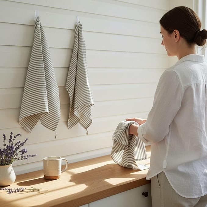Eight Owls Stonewashed Linen Kitchen Dish Towels - 20 x 27 inch – 100% Pure Linen Tea Towel/Hand Towel - Set of 2 (Gray Stripe)