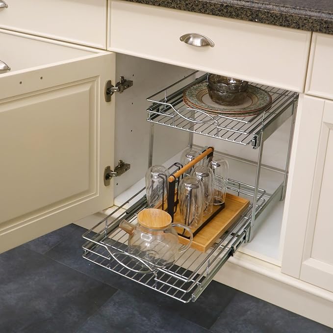 Sikarou Pull Out Cabinet Organizer 11" W x 21" D 2-Tier Individual Slide Out Drawer Pantry Shelf Storage for Kitchen Base Cabinet Organization for Kitchen, Bathroom, Pantry, Chrome