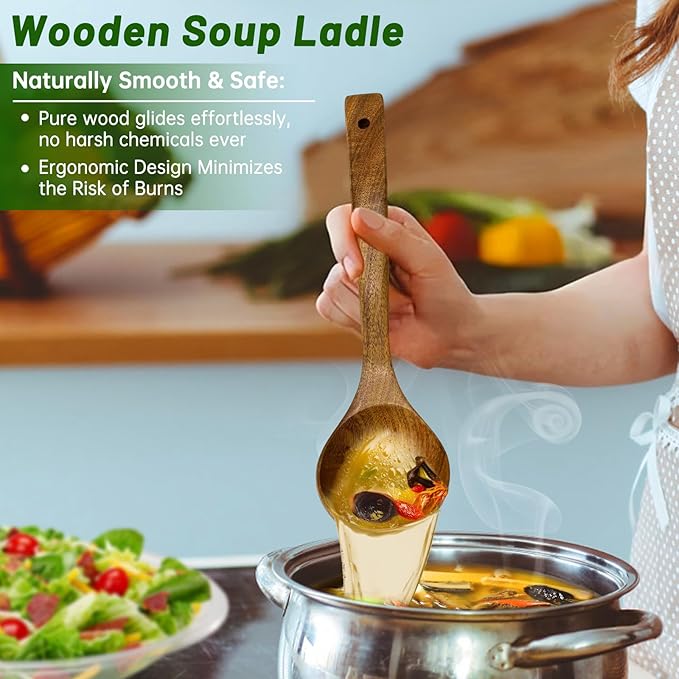 2PCS Wooden Ladle Set, wood ladle and Wooden Pasta Spoon with Hole, Durable Natural Wood, Non Scratch Cooking Tools for Soup, Pasta and Stirring