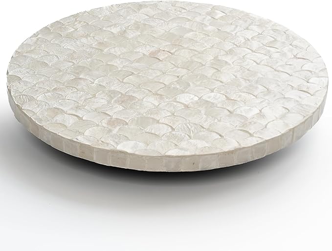 CHI AN HOME 12 Inch Capiz Lazy Susan, Decorative Lazy Susan Turntable Centerpiece for Dining Table, Kitchen Counter, Round Mother of Pearl Capiz Shell Spinning Tray for Countertop & Tabletop (White)