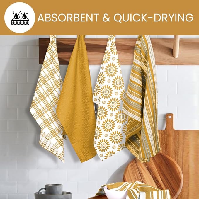 Assorted Kitchen Towels Large 16x26 inches 100% Cotton Set of 5 - Soft Absorbent Washable Tea Towel for Kitchen - Dish Cloths with Hanging Loop - Quick Drying Towels Yellow Mustard