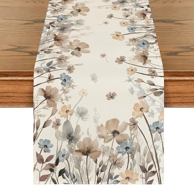 Artoid Mode Brown Poppy Flowers Floral Blossom Summer Table Runner, Spring Fall Kitchen Dining Table Decoration for Home Party Decor 13x120 Inch