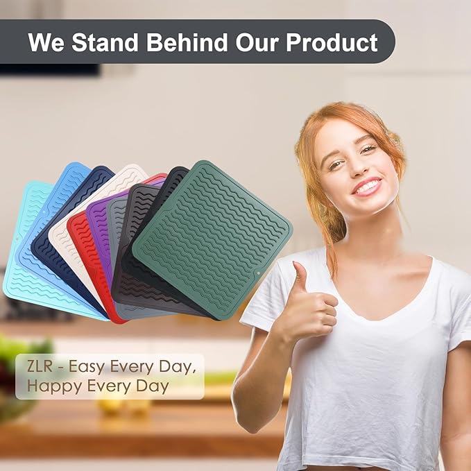 ZLR 2 Pcs Silicone Dish Drying Mat 12" x 12" Square - Small Heat Resistant Trivet & Countertop Protector for Air Fryer, Coffee Maker - Waterproof Kitchen Drain Pad for Cups, Fruit (Dark Gray)