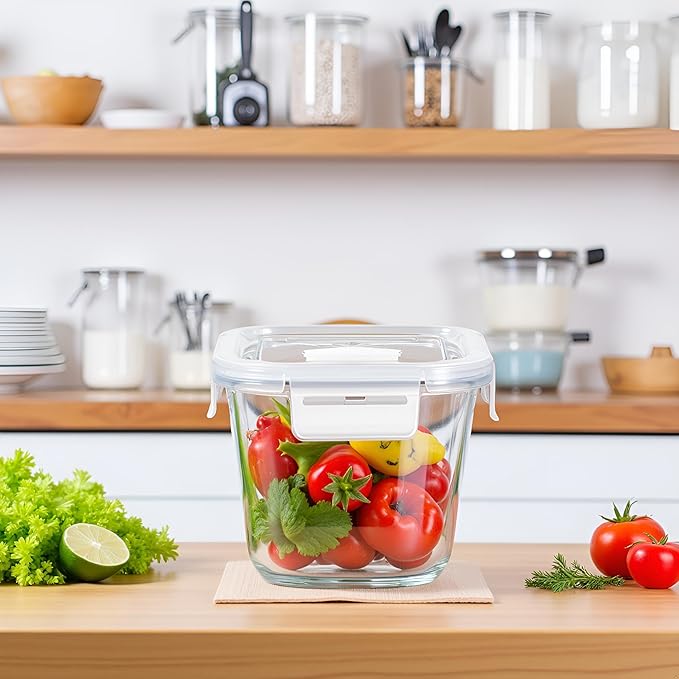 H.JSS WDJS 32oz Square Glass Food Storage Containers with Lids, 4 Cup Glass Soup Containers, Heat-Resistant BPA free Square Meal Prep Bowls for Microwave, Freezer and Dishwasher safe (4Packs)