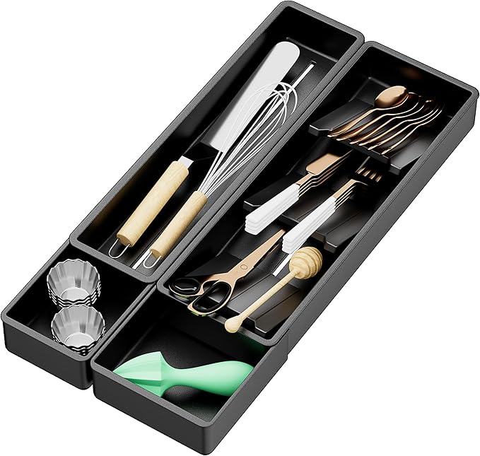 Silverware Drawer Organizer with Expandable Panel & Removable Dividers – Fits 15.67" to 21.18" Kitchen Drawers, Space-Saving Utensil Storage Solution (SPACE BLACK, W8.66 x L15.7 inches)