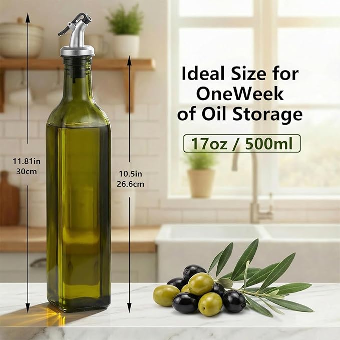 WERTIOO Green Olive Oil Dispenser Bottle,17oz Glass Oil and Vinegar Dispenser for Kitchen, 500ml Glass Bottles for Vinegar Oliveoil with Label and Funnel