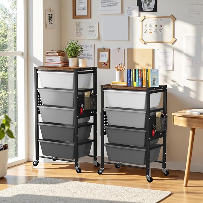 Rolling Cart with 3 Drawers, Plastic Drawer Storage Carts with Lockable Wheels & Wooden Tabletop, Metal Utility Cart Organizer, Office Bedroom Classroom Craft Organization and Storage, Dark Grey