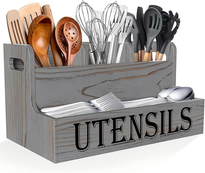 Suli Kitchen Utensils Holder, Wooden Utensil Organizer for Kitchen Countertop, Farmhouse Utensil Storage, Rustic Cooking Utensils ,4 Compartments,- Grey Grain