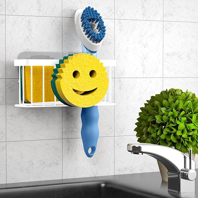 MURLONG Sponge Holder Smiley Face,Sink Caddy,Kitchen Organizer with 2 Suction Cups/1 Adhesive Strips,Designed for Sponge,Soap,Dish Brush,Scrubber - White