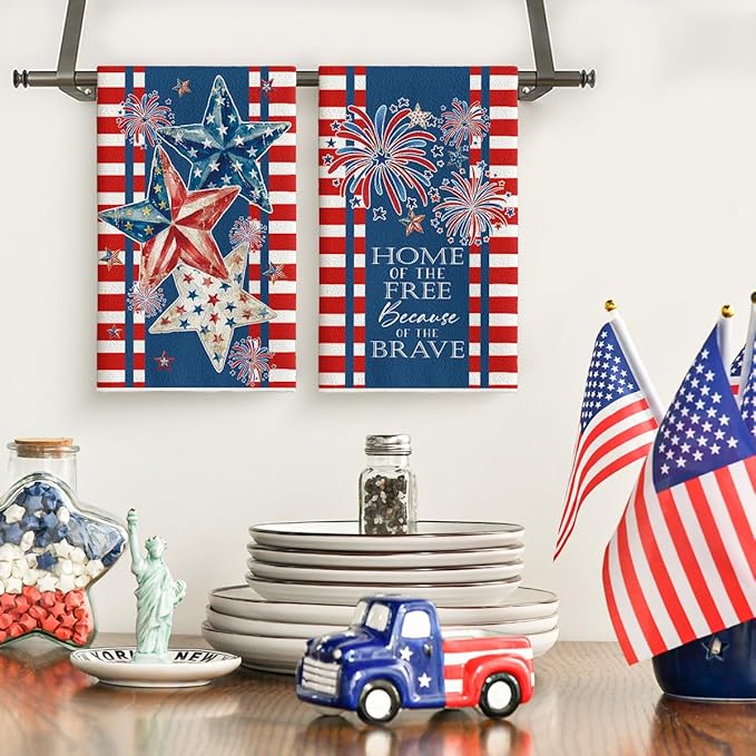 Artoid Mode Stripes Star Fireworks 4th of July Kitchen Towels Dish Towels, 18x26 Inch Independence Day Decoration Cleaning Set of 2