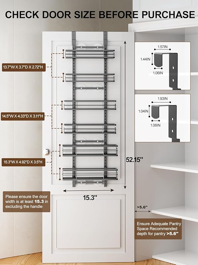 Delamu Over the Door Pantry Organizer, 6 Tier Pantry Door Organizer with Adjustable Basket, Door Spice Rack Seasoning Organizer, Metal Hanging Pantry Organizers and Storage for Kitchen,15.3" Black