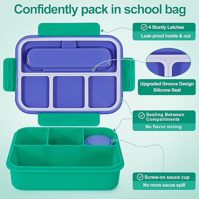 Caperci Bento Box for Kids - 50oz Larger Lunch Box Containers for Kids, Reinforced Leakproof, Built-in Sauce Cup, Utensils, 4 Compartments, BPA-Free Microwave & Dishwasher Safe (Navy/Green)