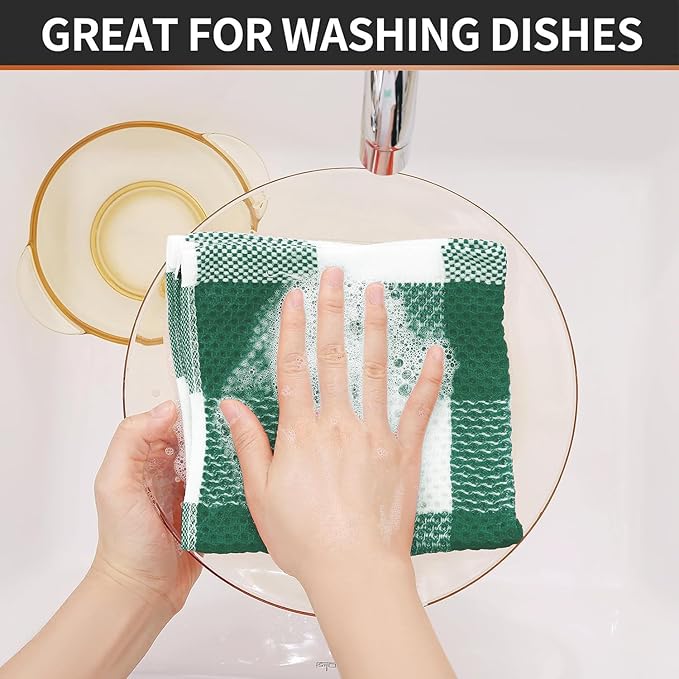 Homaxy 100% Cotton Waffle Weave Check Plaid Dish Cloths, 12 x 12 Inches, Super Soft and Absorbent Dish Towels Quick Drying Dish Rags, 6-Pack, White & Dark Green