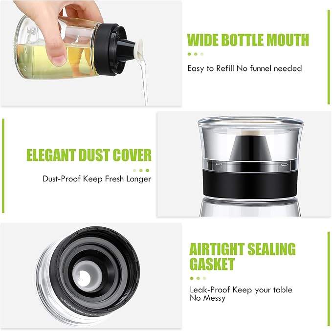 2 Pcs Oil and Vinegar Dispenser Set, 5.4 oz Olive Oil Bottle with No Drip Top, Glass Salad Dressing Cruet Bottles Soy Sauce Dispenser Leakproof Container for Kitchen Cooking Dressing