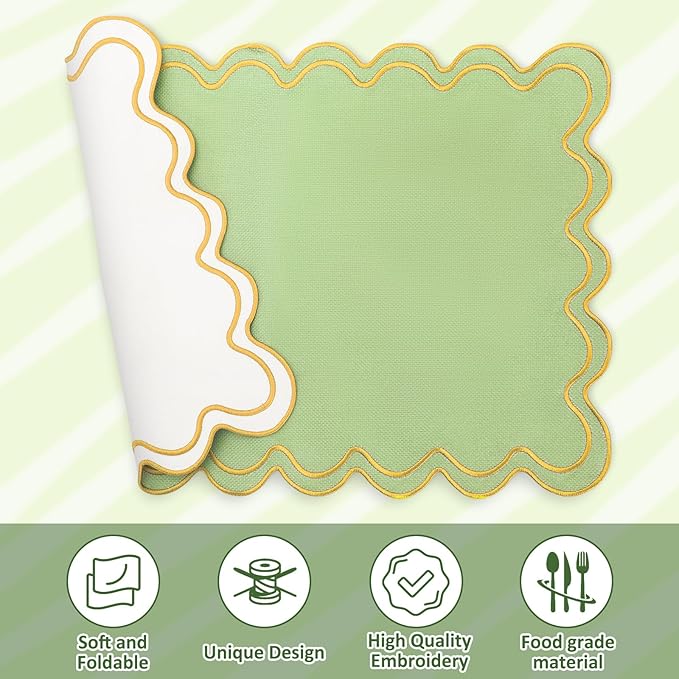 Whaline Sage Green Linen Placemats Embroidered Scalloped Kitchen Place Mats for Spring Party Home Dining Table Decor, Set of 8, 13 x 19 in