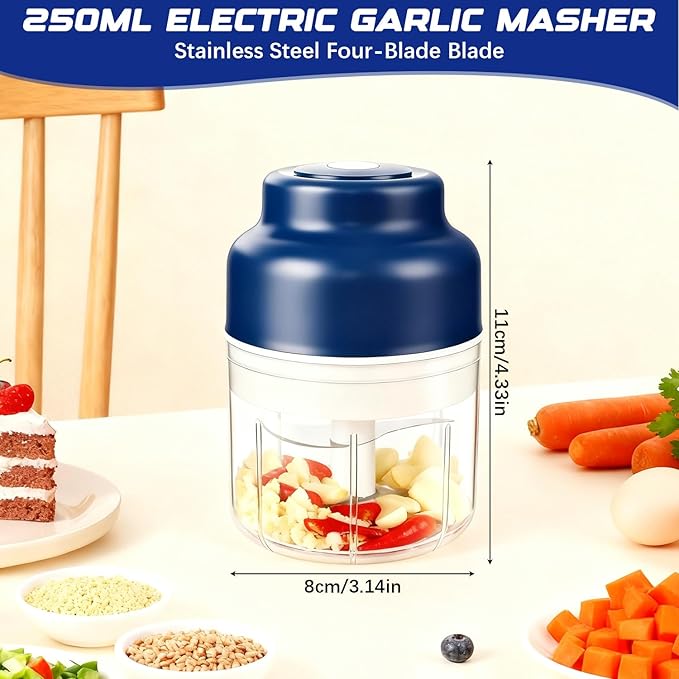 Electric Garlic Chopper,Upgrade Electric Mini Garlic Chopper Set,New Small Garlics Choppers Mincer,USB Rechargeable,Wireless Veggie Grinder,for Mashing Onion,Garlic,Chili,Ginger(Blue,250ML)