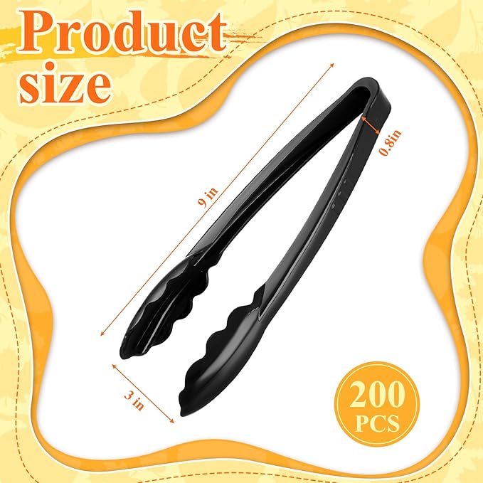Tessco for you 200 Pcs Plastic Tongs for Serving Bulk, 9 Inch Plastic Disposable Serving Tongs, Heavy Duty Salad Tong for Kitchen, Buffet, BBQ, Events & Catering (Black)