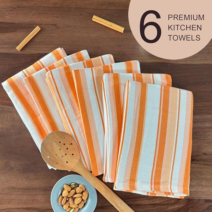 THE COVERS Premium 100% Cotton Kitchen Towels in Warm Apricot Spice Colors | Set of 6 Lavishly Large Towels (20.5”x30.5”) | Handy Hanging Loop for Drying | Arrives Gift-Ready, with a Signature Tote