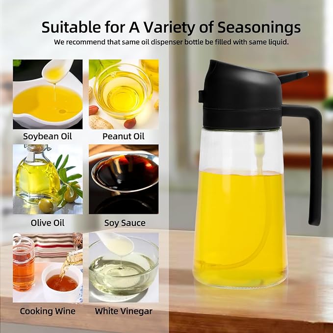 Aovdy 16oz/470ml Glass Olive Oil Sprayer for Cooking - 2 in 1 Olive Oil Dispenser Bottle Spray and Pour for Kitchen Gadgets Cooking Air Fryer Salad BBQ (Black)