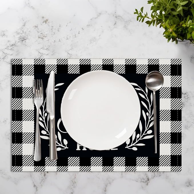 Black and White Linen Placemats Set of 4, Cloth Farmhouse Buffalo Plaid Linen Home Sweet Home Place Mats - Washable Heat Resistant Fabric Table Mats for Kitchen Dining Table 18 X 12 Inch, Plaid