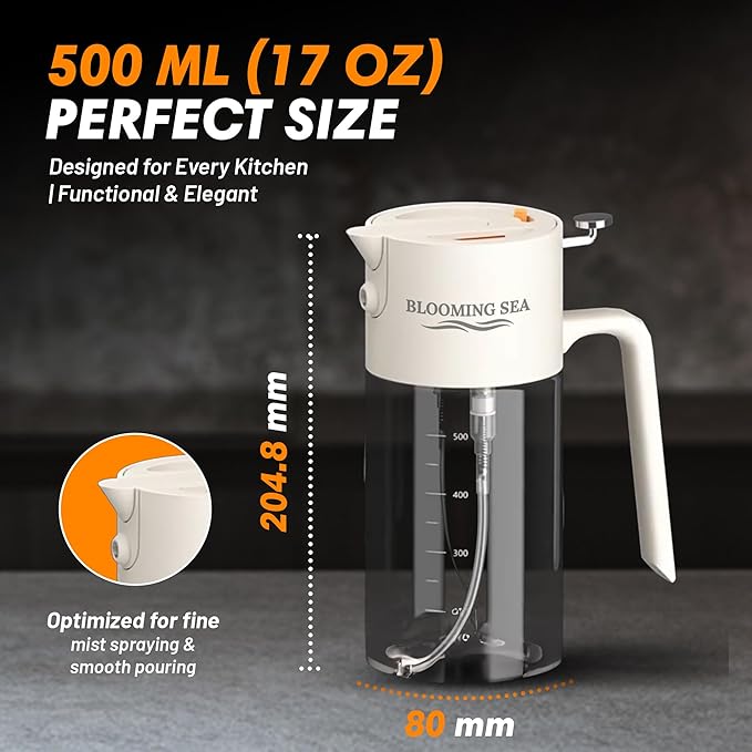 2-in-1 Oil Sprayer and Dispenser – 550ml Glass Olive Oil Bottle with Spray and Pour Modes – BPA-Free, Leakproof, Kitchen Oil Mister for Cooking, Air Fryer, BBQ (Classic White)