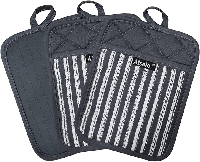 Alselo Silicone Pot Holders Set of 3 Heat Resistant & Non Slip Potholders, Professional Oven Hot Pads with Pockets Mitts for Kitchen Cooking Baking Barbecue