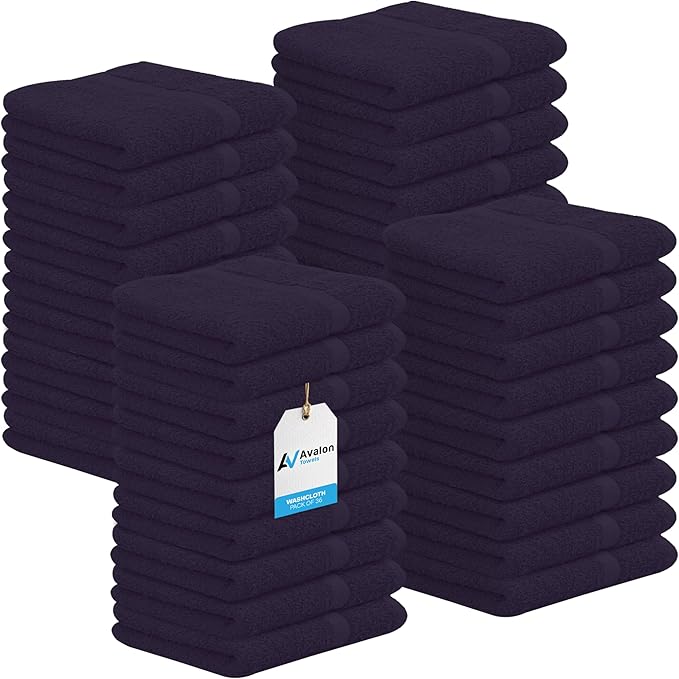 Avalon Towels Cotton Washcloths – (Pack of 36) Size 12x12 Inches, 100% Ring Spun Cotton, Soft & Absorbent Face Towels, Gym Towels, Hotel and Spa Quality, Reusable Fingertip Towels (Plum)
