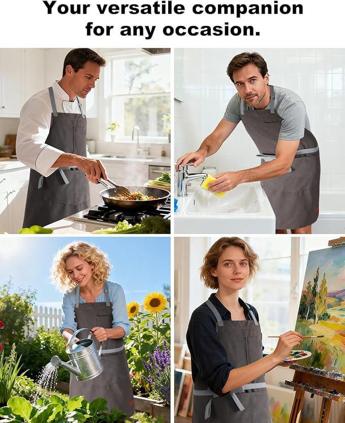 Womens Apron with Pockets Adjustable Shoulder Strap,Aprons for Men 38.5" Extra-Long Straps Fit More Body Types,Chef Apron for Kitchen Garden Barbecue Woodworking(Gray)