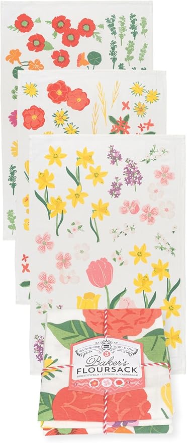 Now Designs Floursack Kitchen Towels Quick Dry Cotton Hand Towel Set, 3 Count, Flowers of The Month, 20 x 30 in