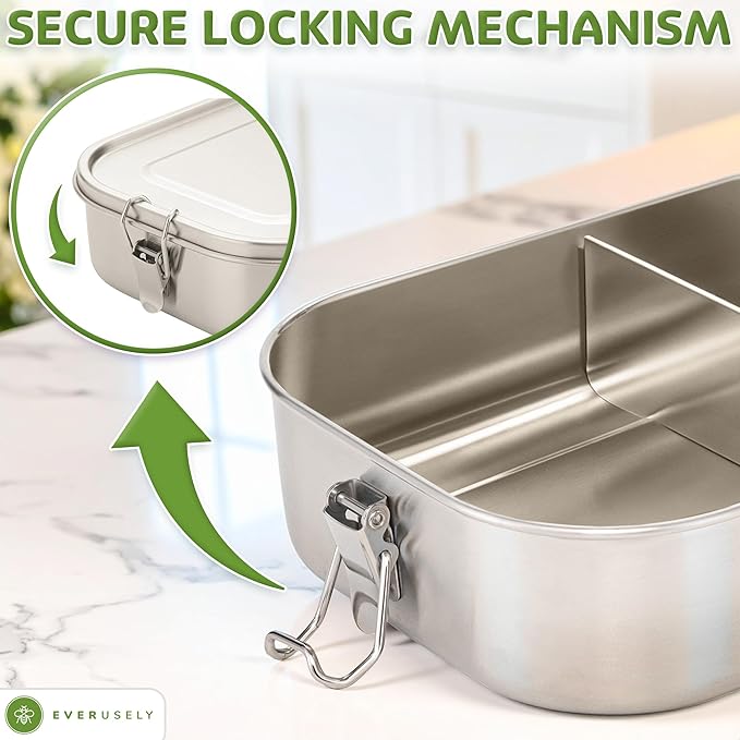 Everusely - Bento Box - Stainless Steel Lunch Box for Adults - 40 oz, 1.2 L - 3 Compartment Snack Container with Removable Silicone Seal + Secure Lock Clips - Non Plastic, Leakproof, Dishwasher Safe