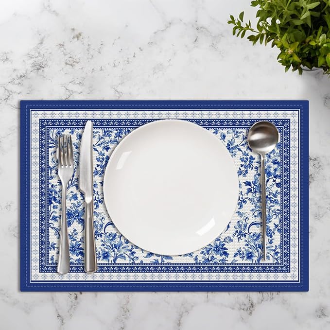 Blue Floral Branches linen Placemats Set of 4, 12 x 18 Inch Chinoiserie Table Mats Washable Non-Slip Heat Resistant Linen Fabric Rectangle Place Mats for Indoor Outdoor Party Kitchen Dining Home Decor