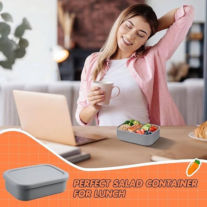 Layhit 1 Pcs Silicone Bento Box for Adults, 27 oz Bento Lunch Container Reusable 3 Compartment Lunchable Food Container for Women Men, Leak Proof Microwave Dishwasher Freezer Safe (Dark Gray)